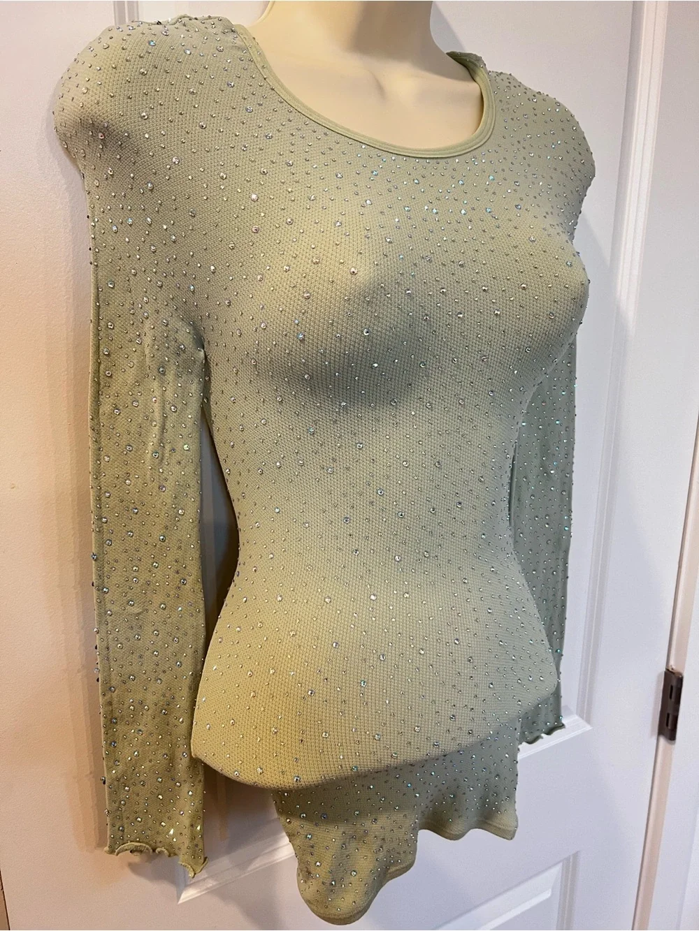 Free People Night Long Sparkle Long Sleeve Top in Sage Green